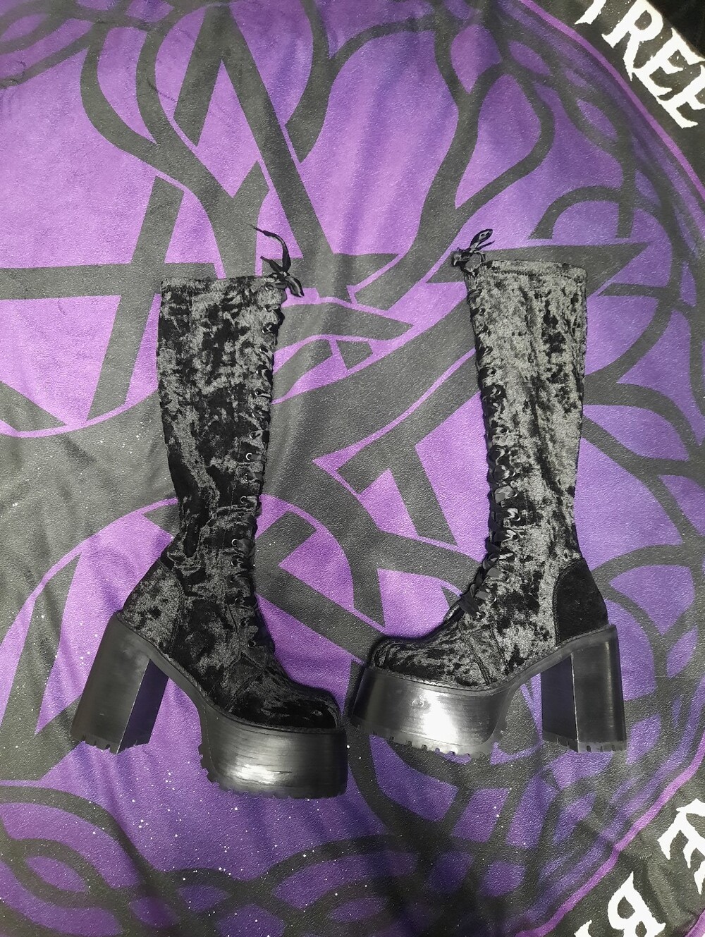 Black Velvet Platform Lace-Up Knee-High Boots - Women